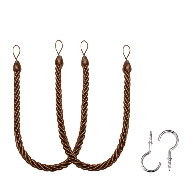 BEL AVENIR Curtain Ropes Tiebacks Tie-Backs, Curtain Handmade Holdbacks with 2 Metal Screw Hooks (Coffee, 2pack) - Image 1
